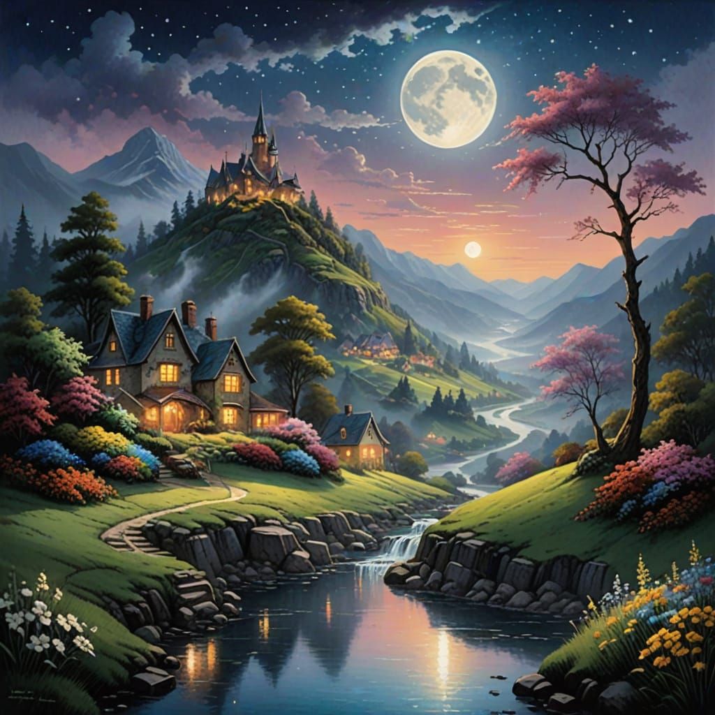 Dreamy Nighttime Landscape with Hill and River under a Full ...