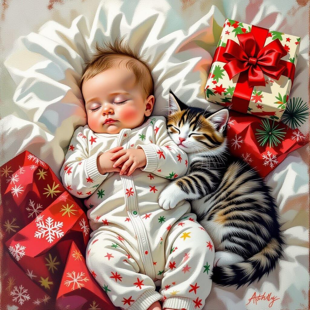 Baby and Kitten Sleeping in Christmas Wrap, Impasto Style