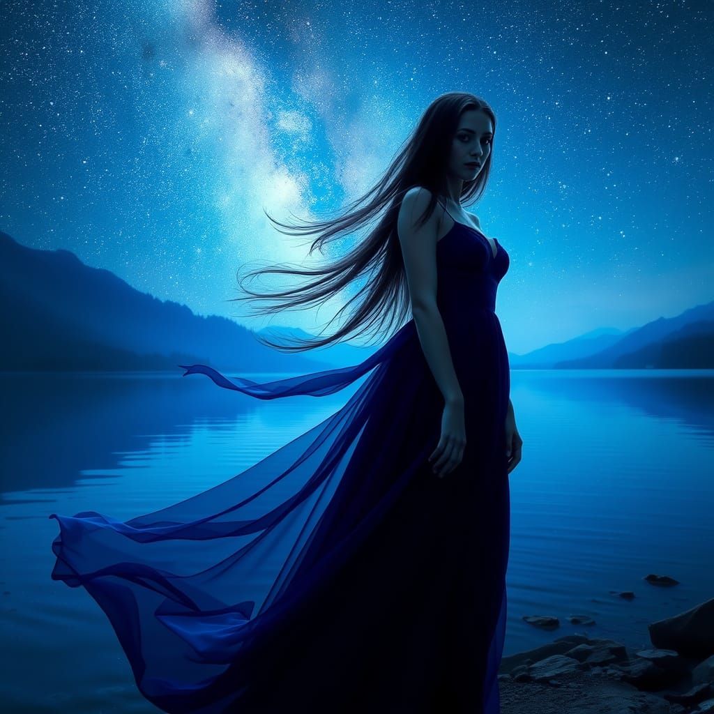 Ethereal Woman by Glowing Lake Under Starry Sky