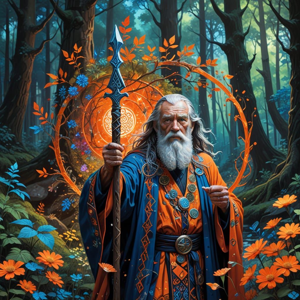 Mystical Sage in Vibrant Surreal Woodland