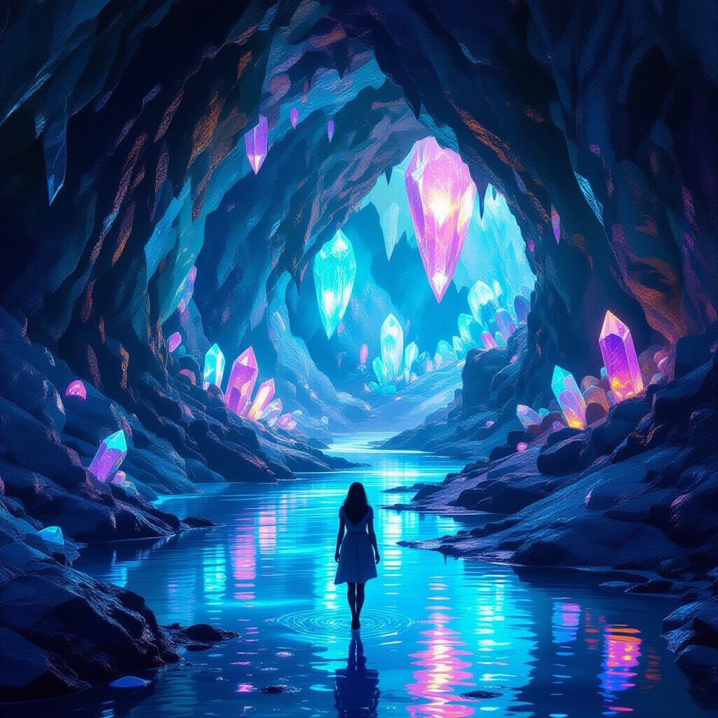 Bioluminescent Cavern Exploration in Digital Art Style