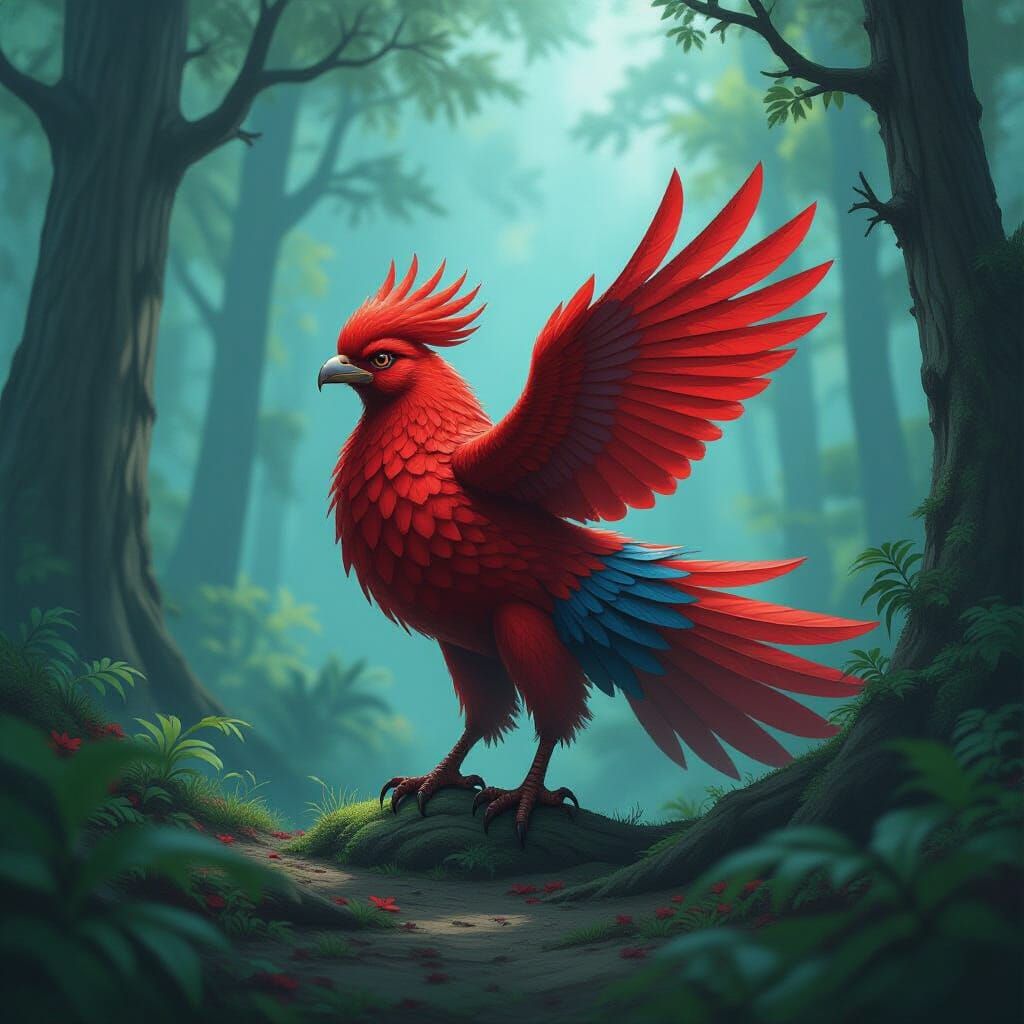 Bloody Phoenix Soaring Through Mystical Forest