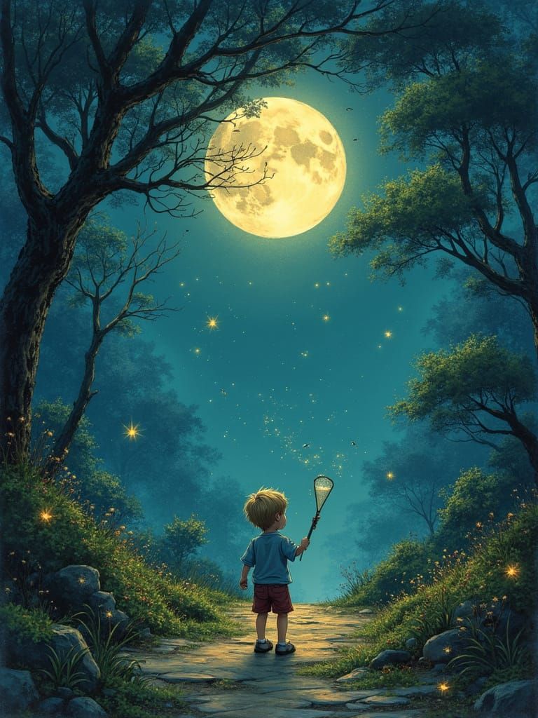 Young Boy Chases Fireflies Under Crystal Moon in Japanese Ar...