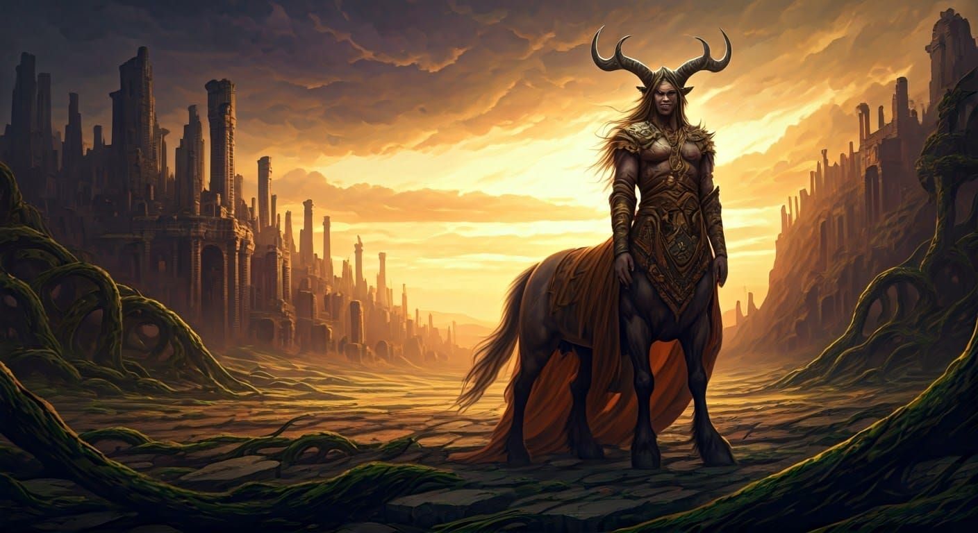 Majestic Centaur in Ruins, Dramatic Atmospheric Art
