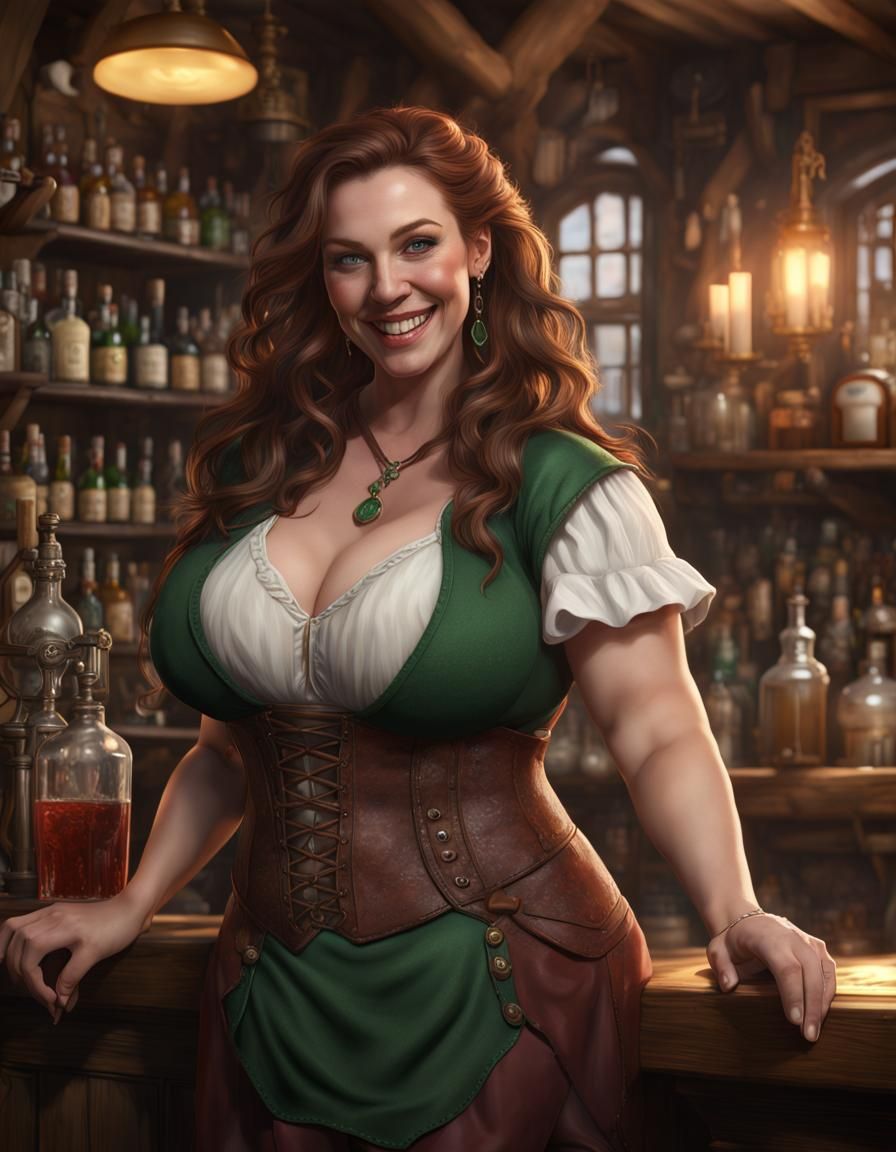 Fantasy Tavern Owner with Auburn Hair, Detailed Digital Art