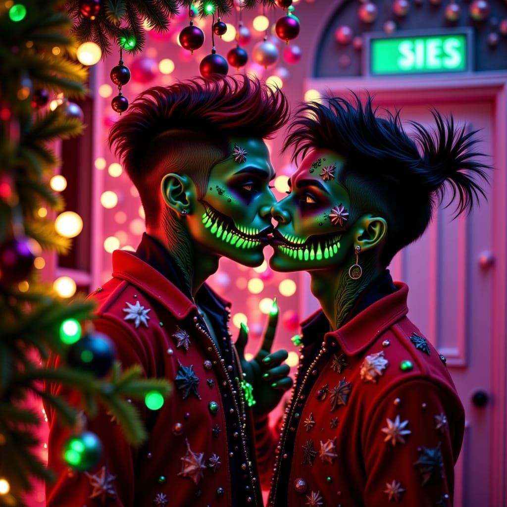 Zombie Couple's Neon Christmas Kiss in Crypt