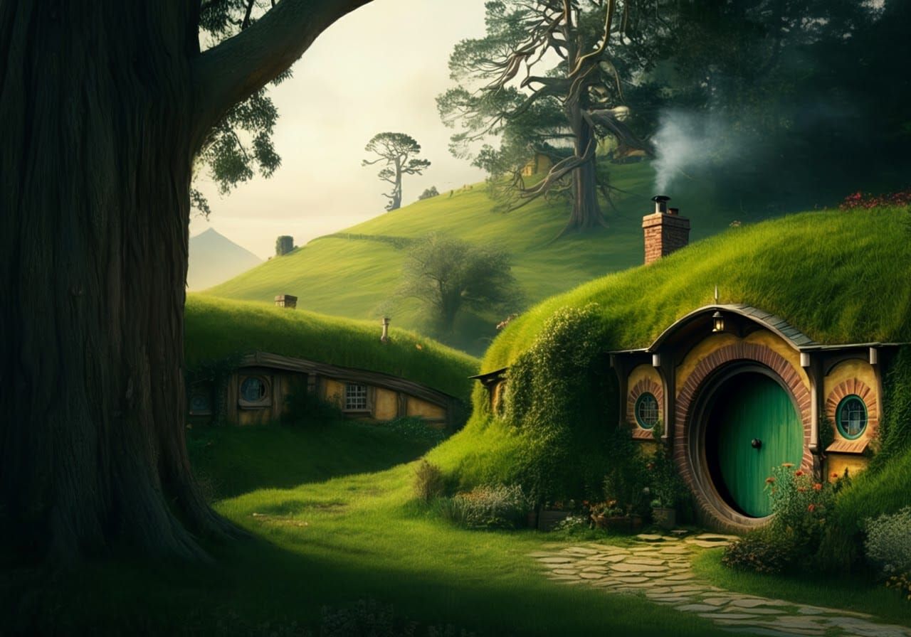 Idyllic Hobbit Shire Landscape in Fantasy Style