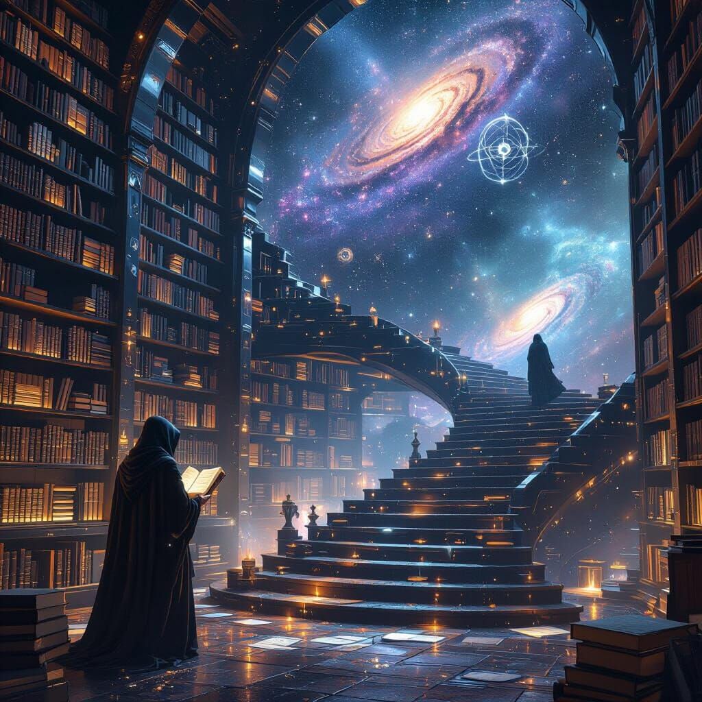 Cosmic Library with Celestial Books in Surreal Style