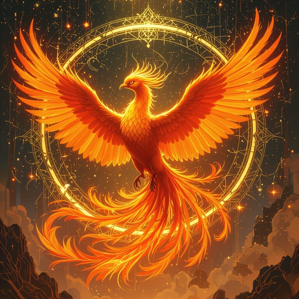 Blazing Phoenix Surrounded by Golden Light in Futuristic Sty...
