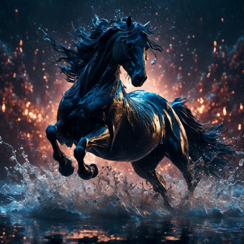 Black Horse Galloping at Night in Detailed Painting