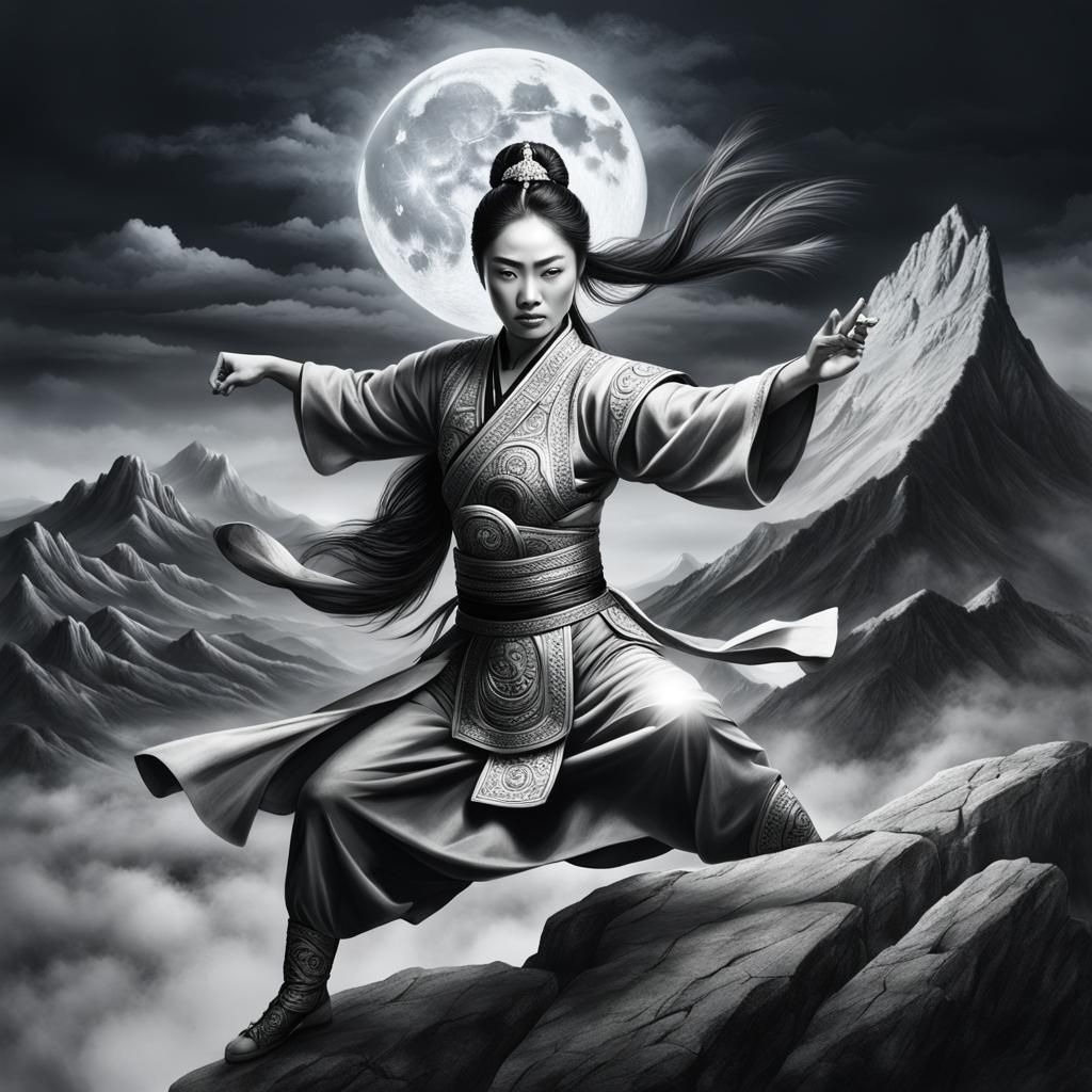 Mongolian Woman's Kung-Fu in Charcoal Drawing