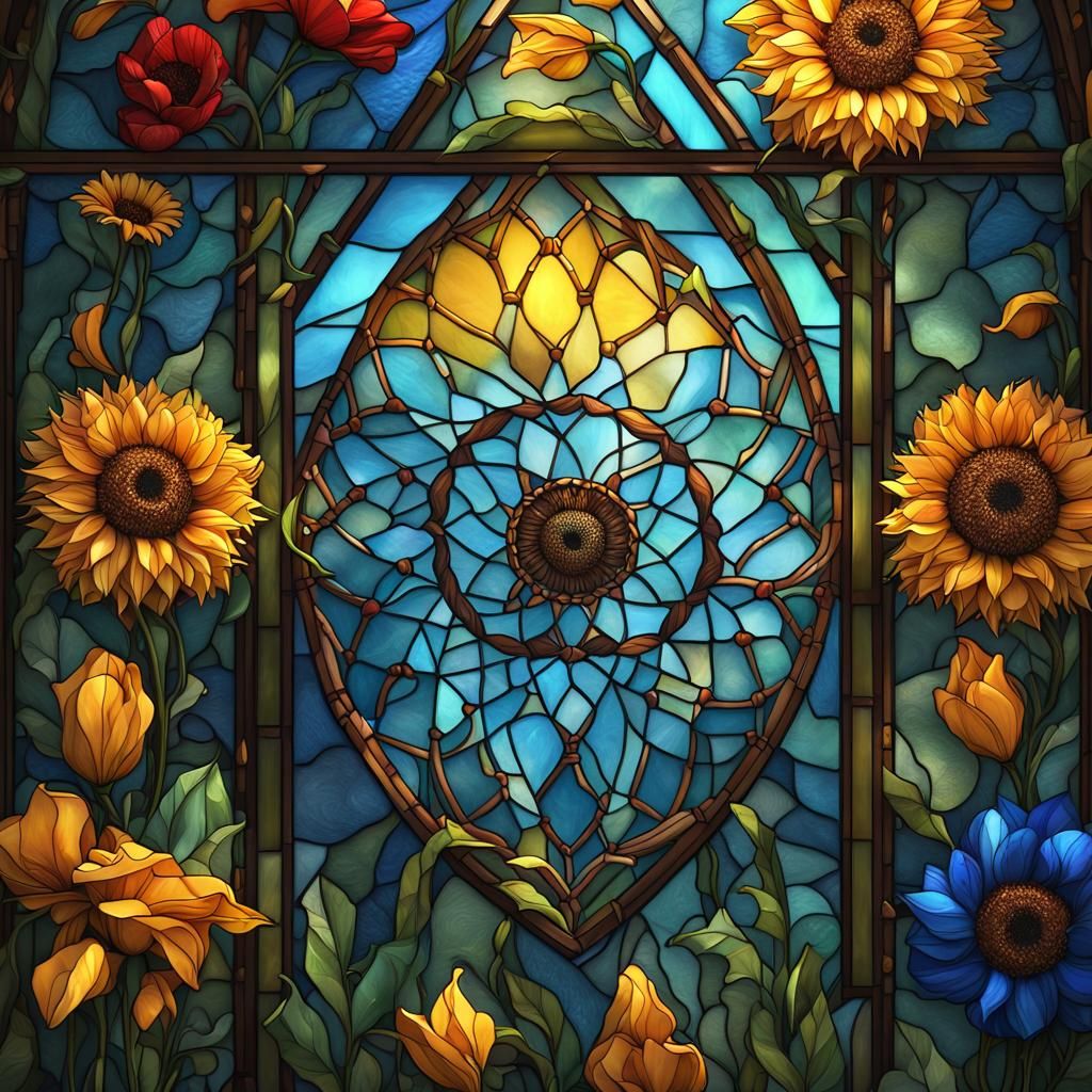 Stained Glass Dream Catcher with Flowers and Heart