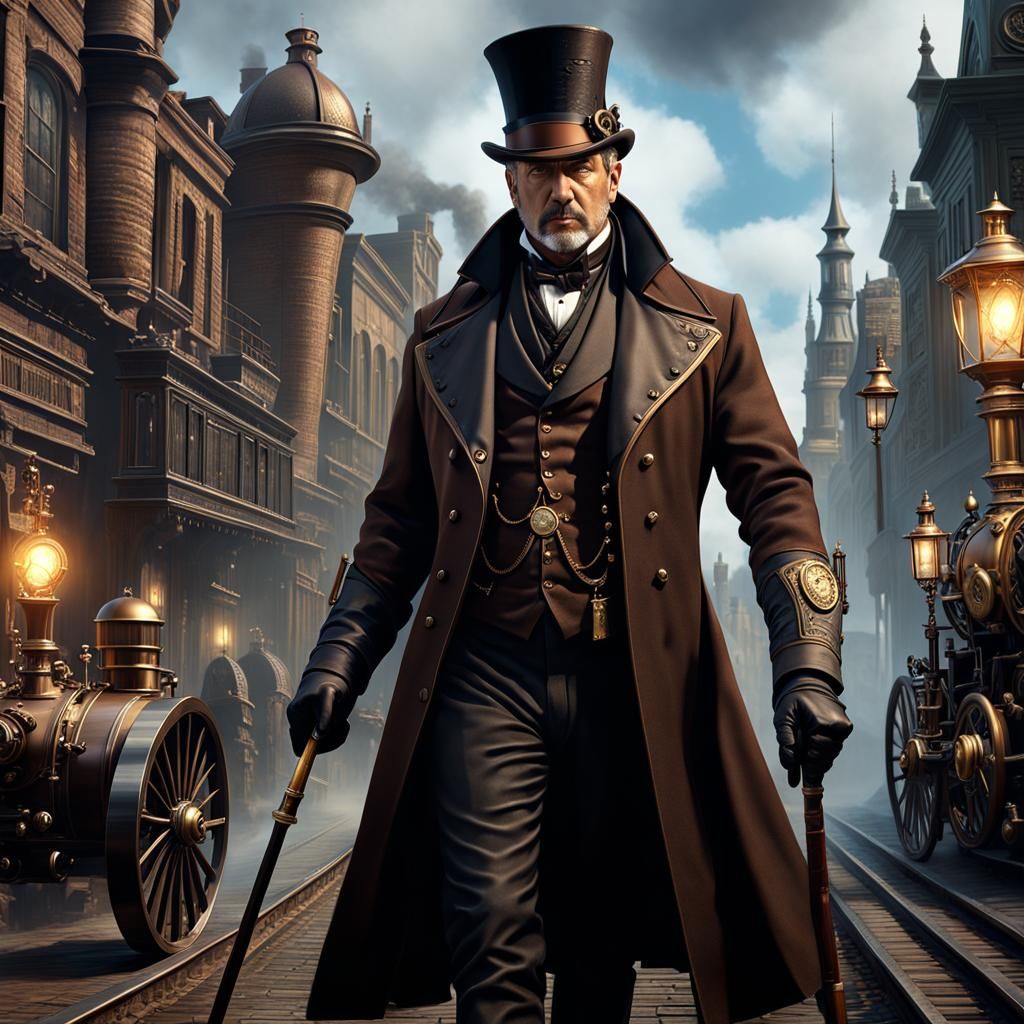 A handsome middle aged man wearing brown clothes and a black coat, holding a walking stick, wearing a top hat, steampunk...