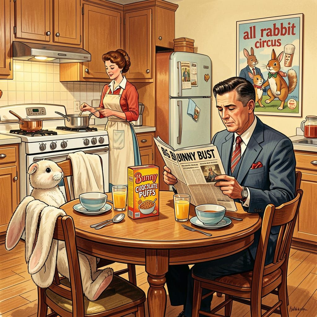 1950s Kitchen Scene with Bunny Cereal Box