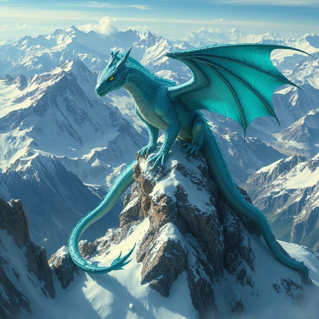 Turquoise Dragon on Snow-Capped Peak: Matte Painting