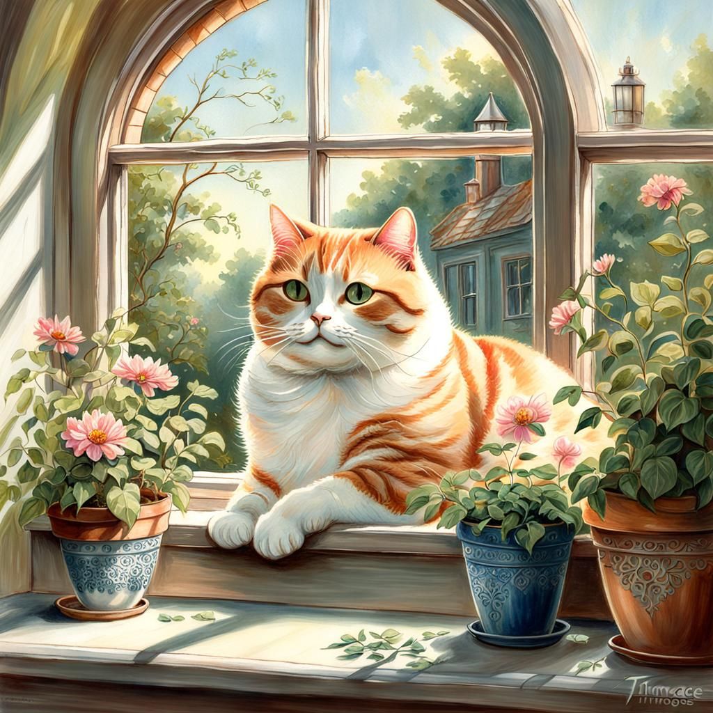 Dreamy Cat Sunbathing, Colored Pencil Cottagecore Art