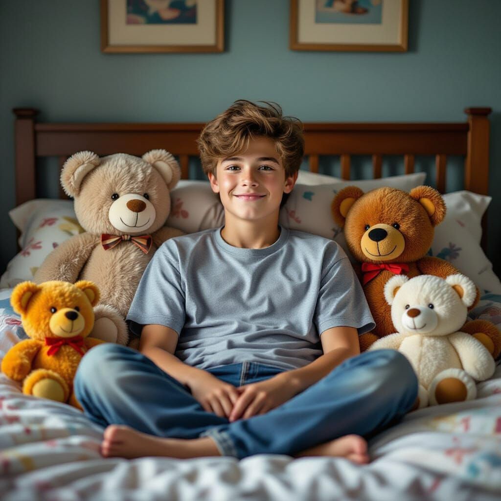 Teenage Boy's Bedside Companions: A Hyperrealistic Scene