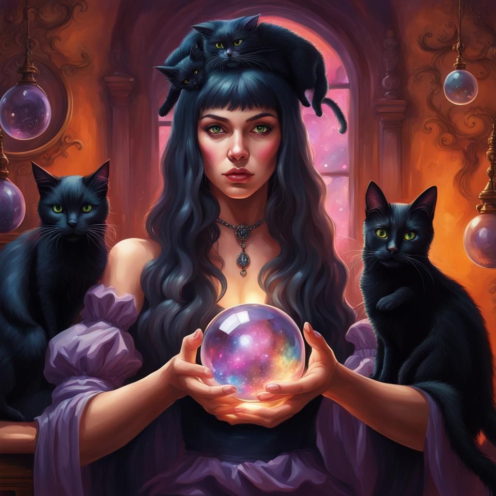 Enchanting Witch with Crystal Ball and Black Cats