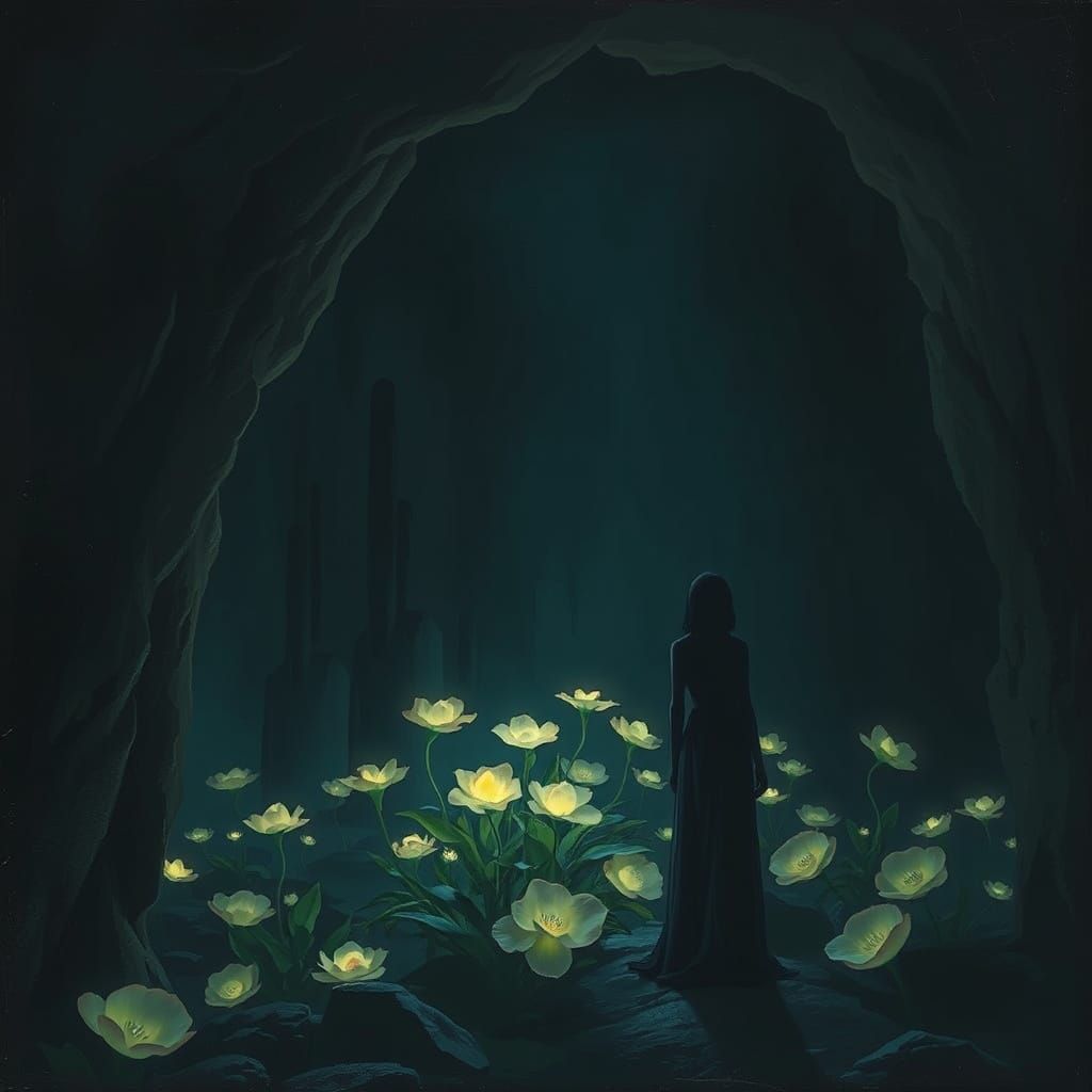 Ethereal Figure Tending Glowing Flora in Shadowed Cavern