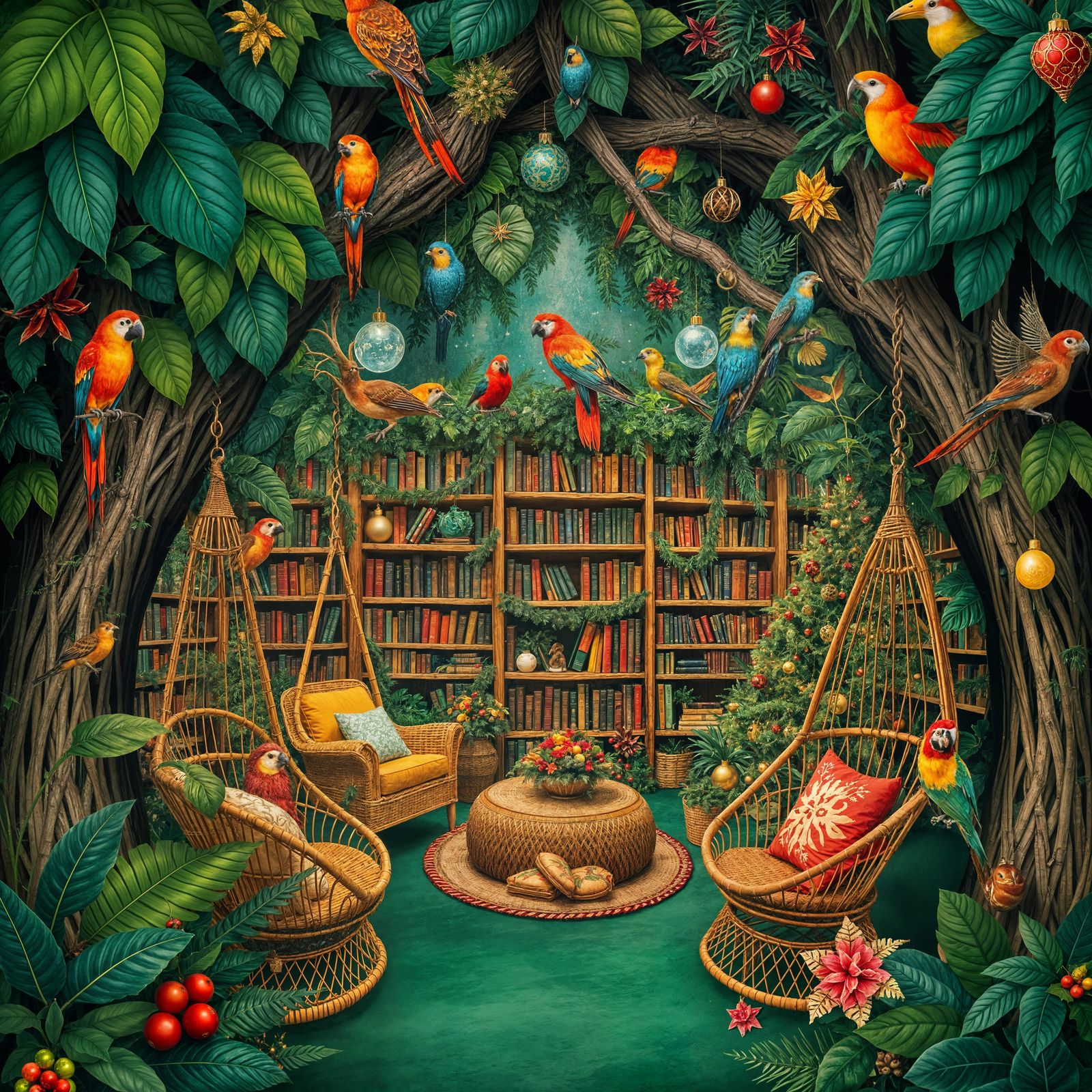 Cozy Christmas Library in Jungle Style