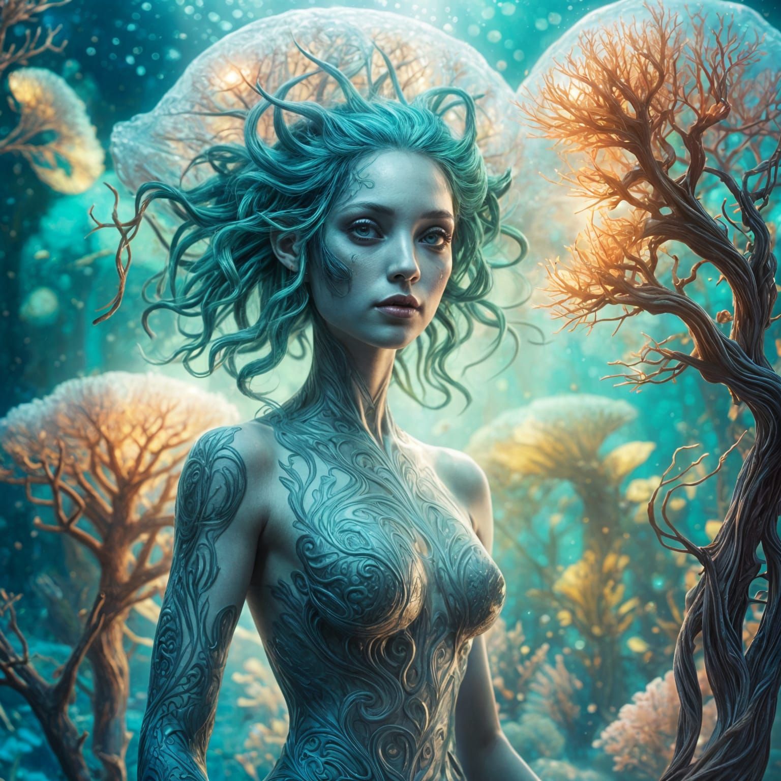 Beautiful Alien Woman Underwater with Tree of Light
