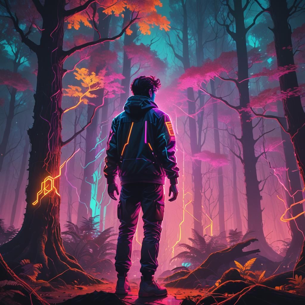 Synthwave Neon Forest with Glowing Trees