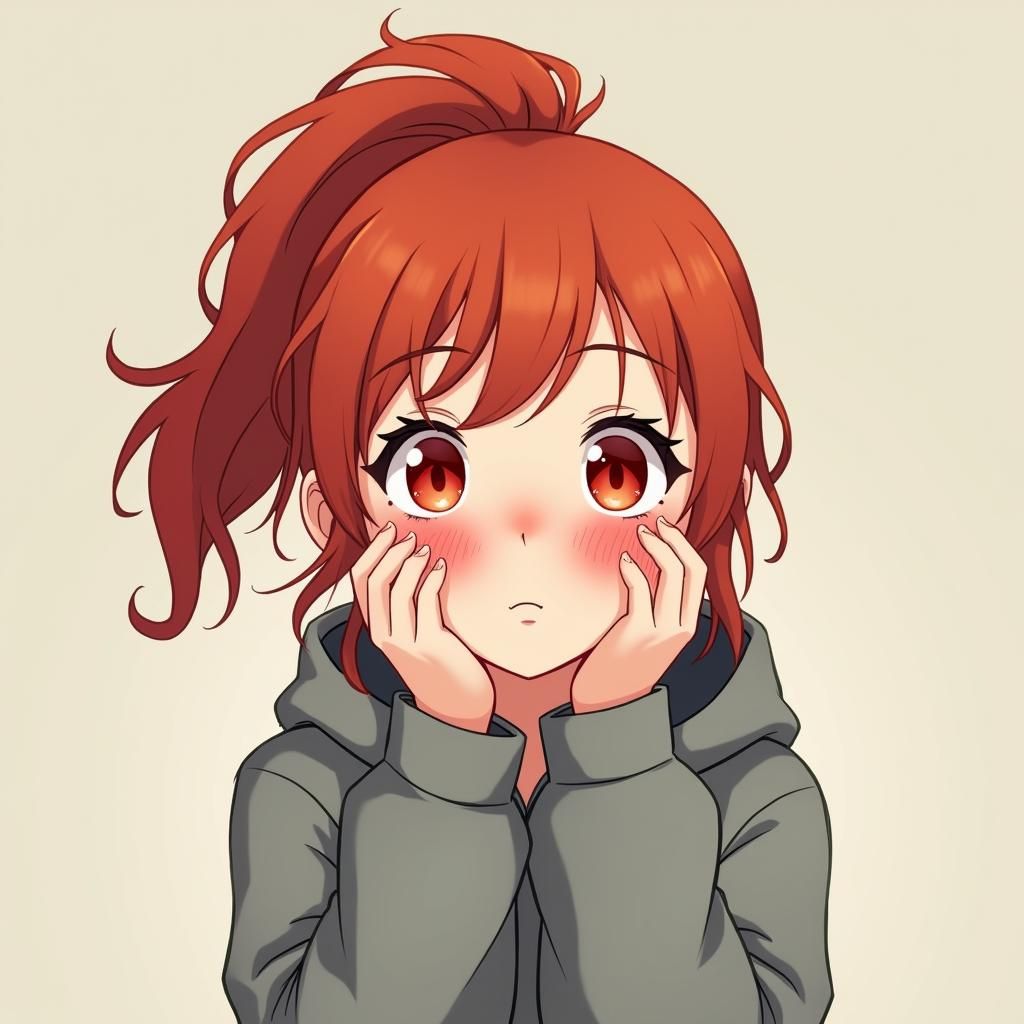Anime Girl with Red Hair Blushing Portrait