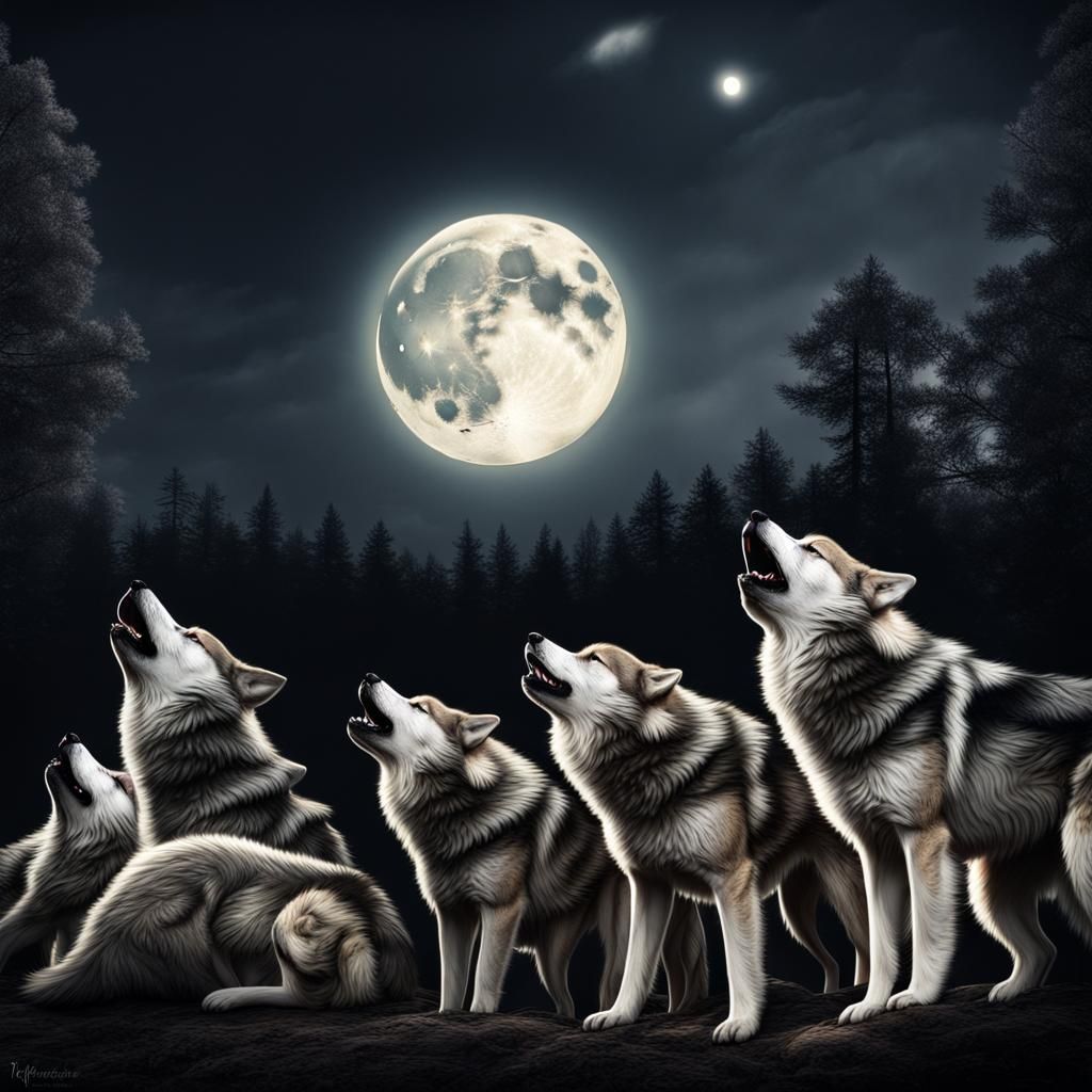 Dog Howling with Wolves Under Moonlight