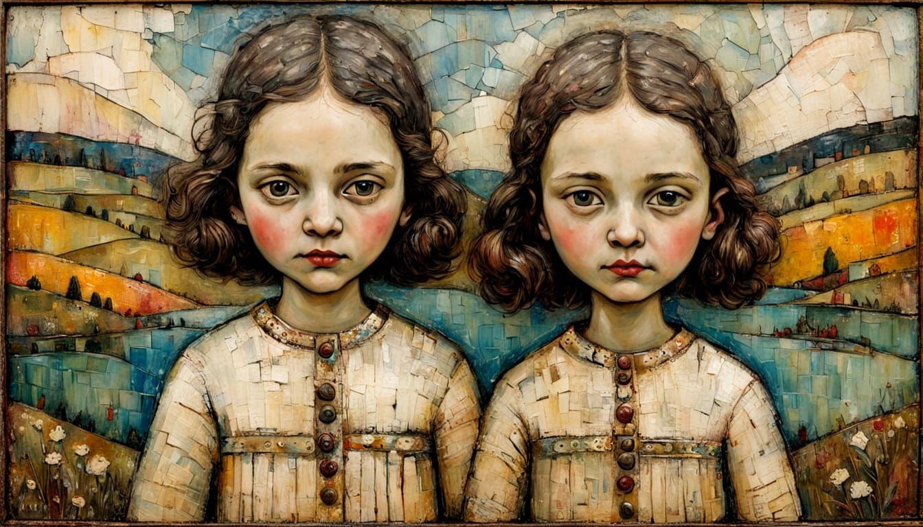 Sisters Portrait in Encaustic Style