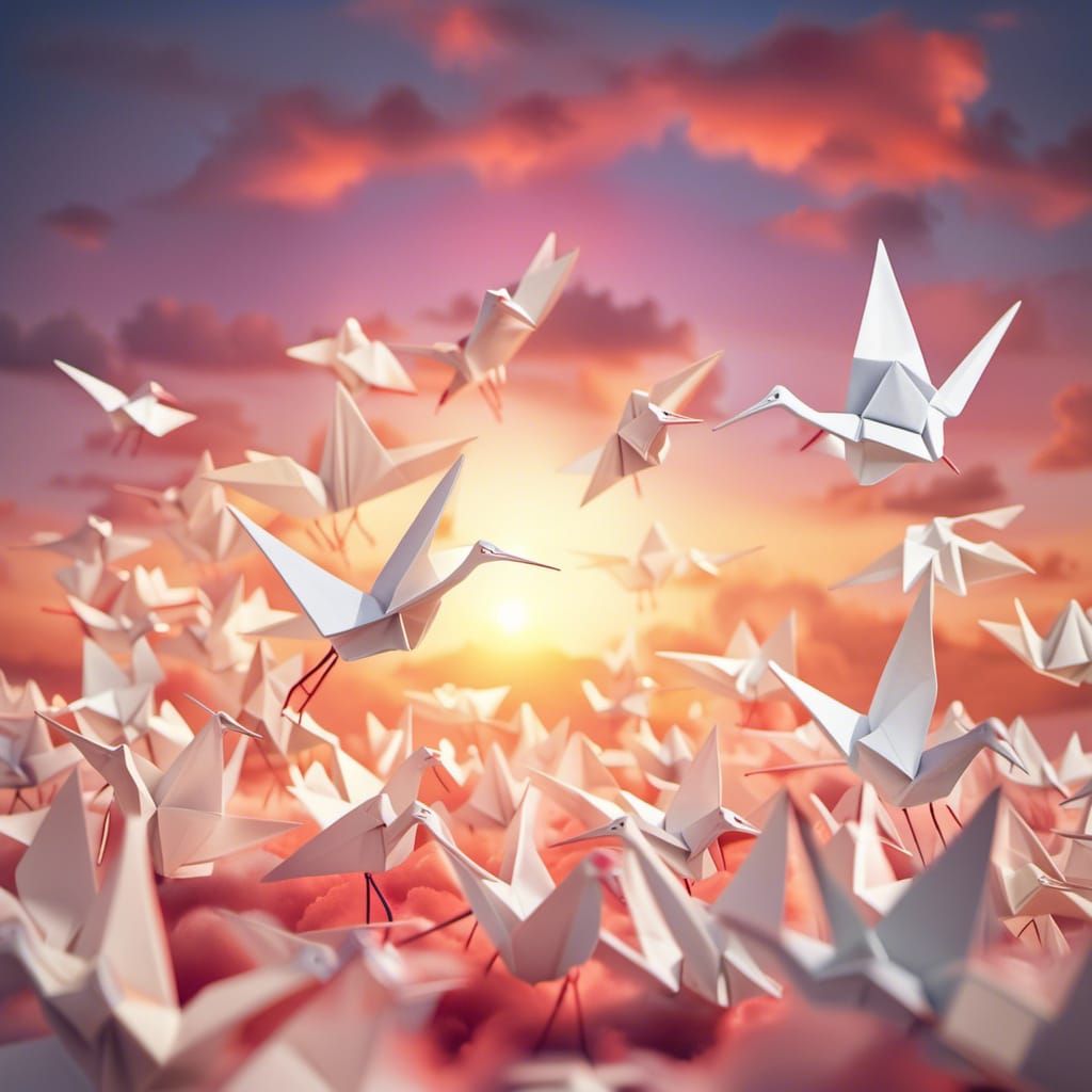 White Origami Crane Sunset Flight