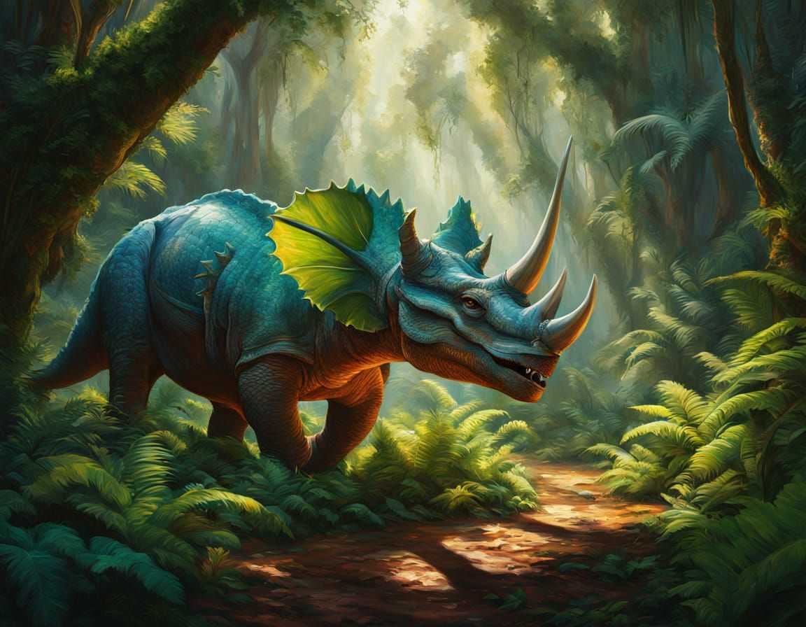Triceratops at Watering Hole: Oil Painting