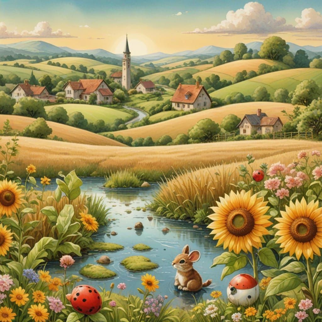 Whimsical Rural Landscape in Dreamy Watercolor Comic Book St...