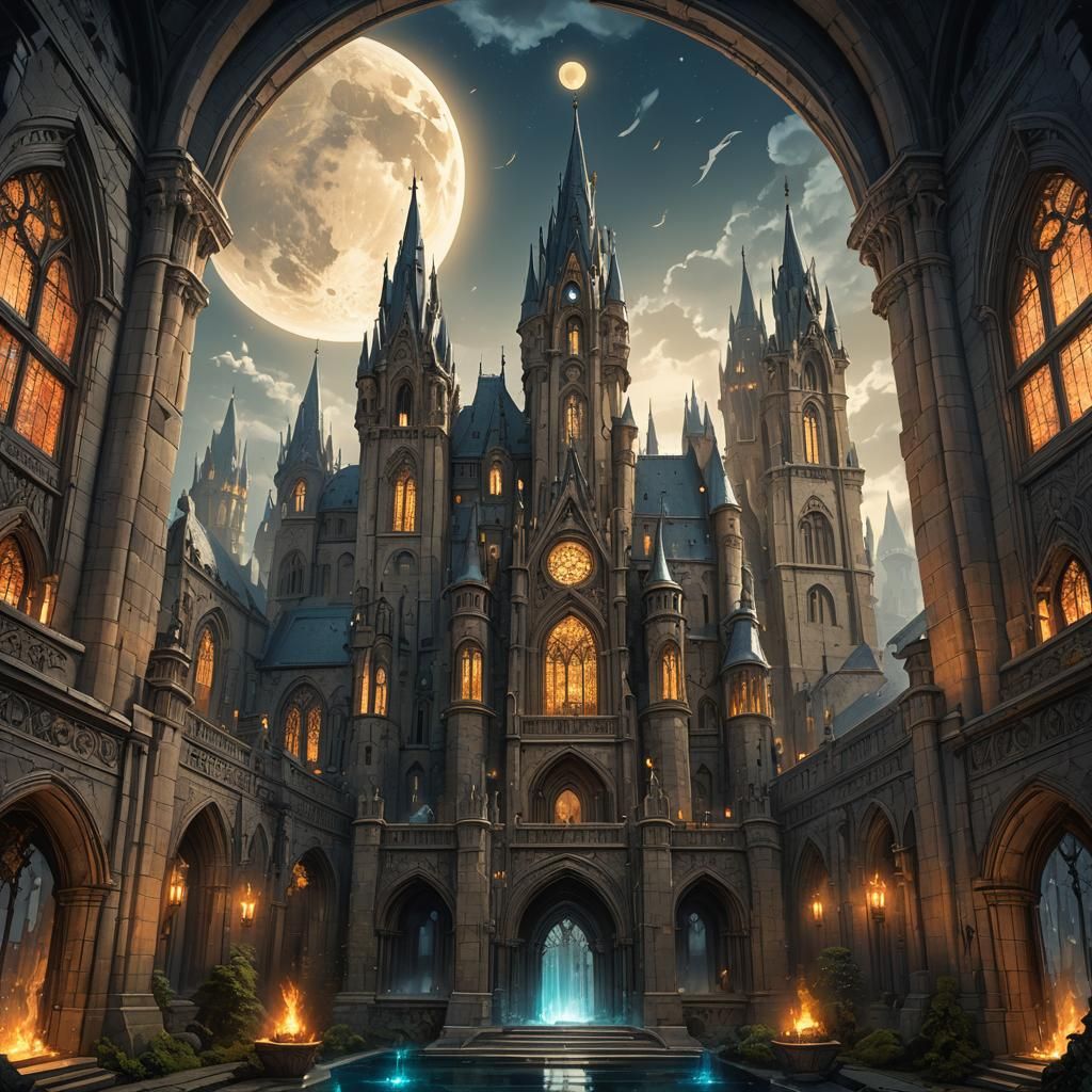Magical School with Elemental Towers in Dark Fantasy Style