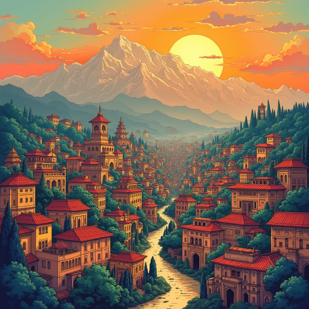 Futuristic Ghandhara Cityscape with Ancient and Modern Archi...