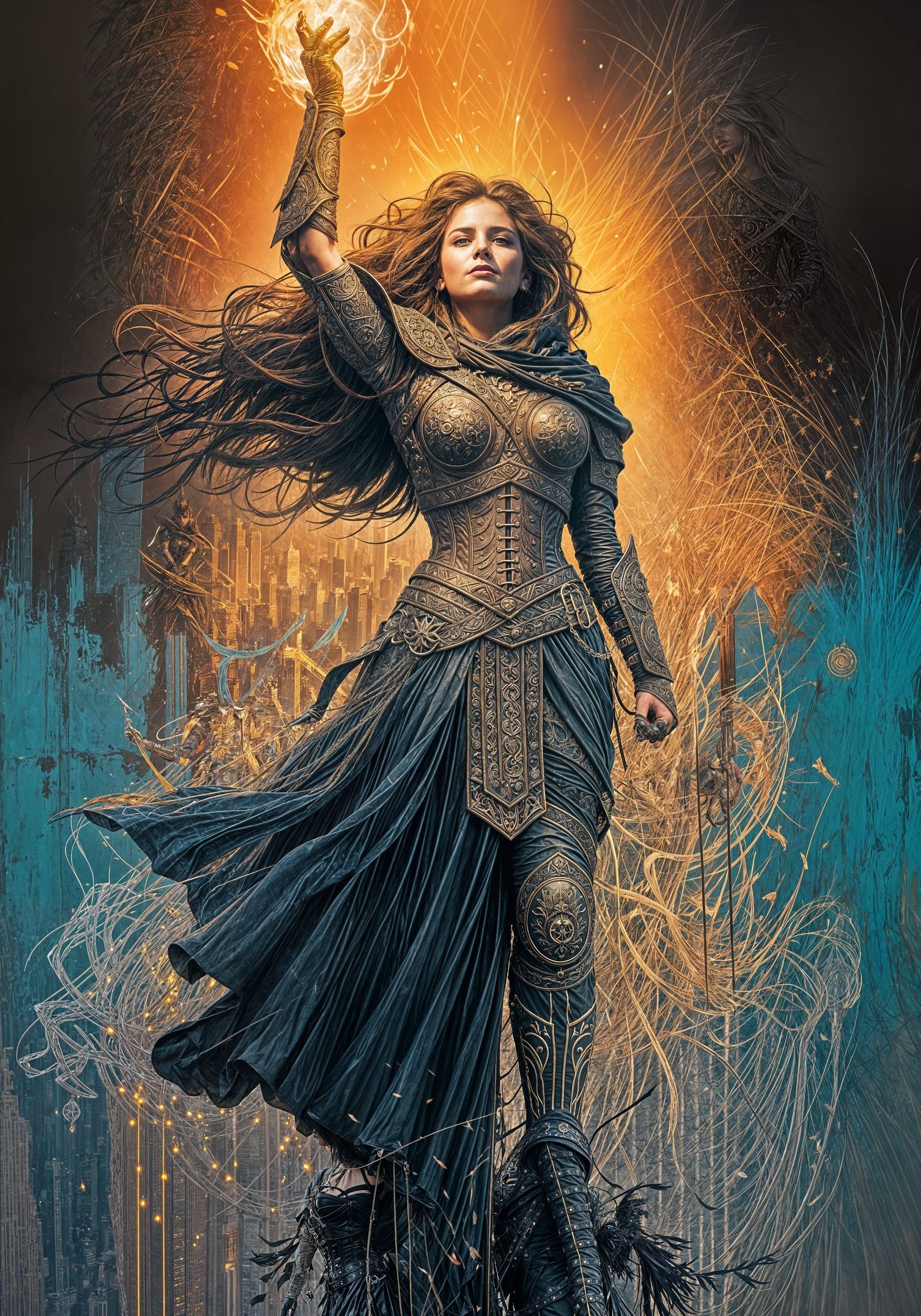 Armored Anarchist in Abstract Cityscape Splash Art