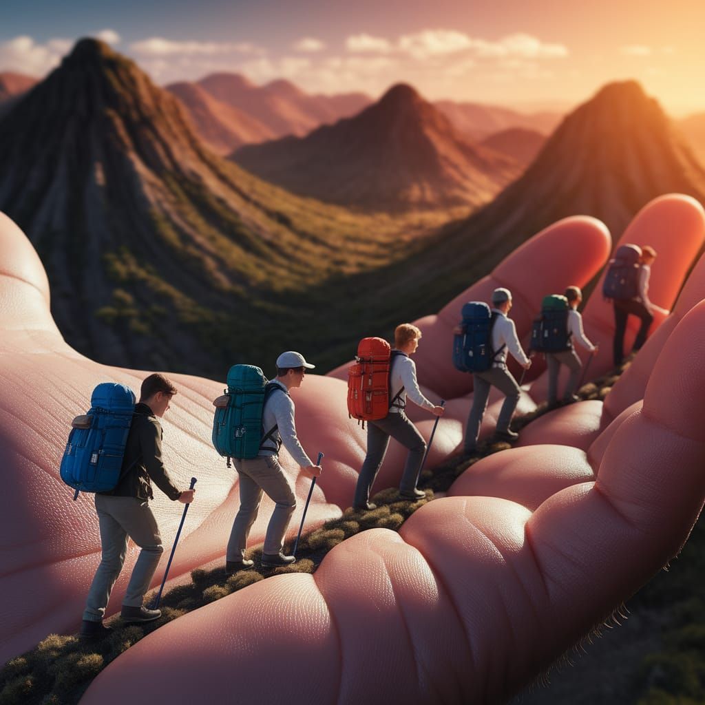 Miniature People Hiking on a Giant Hand