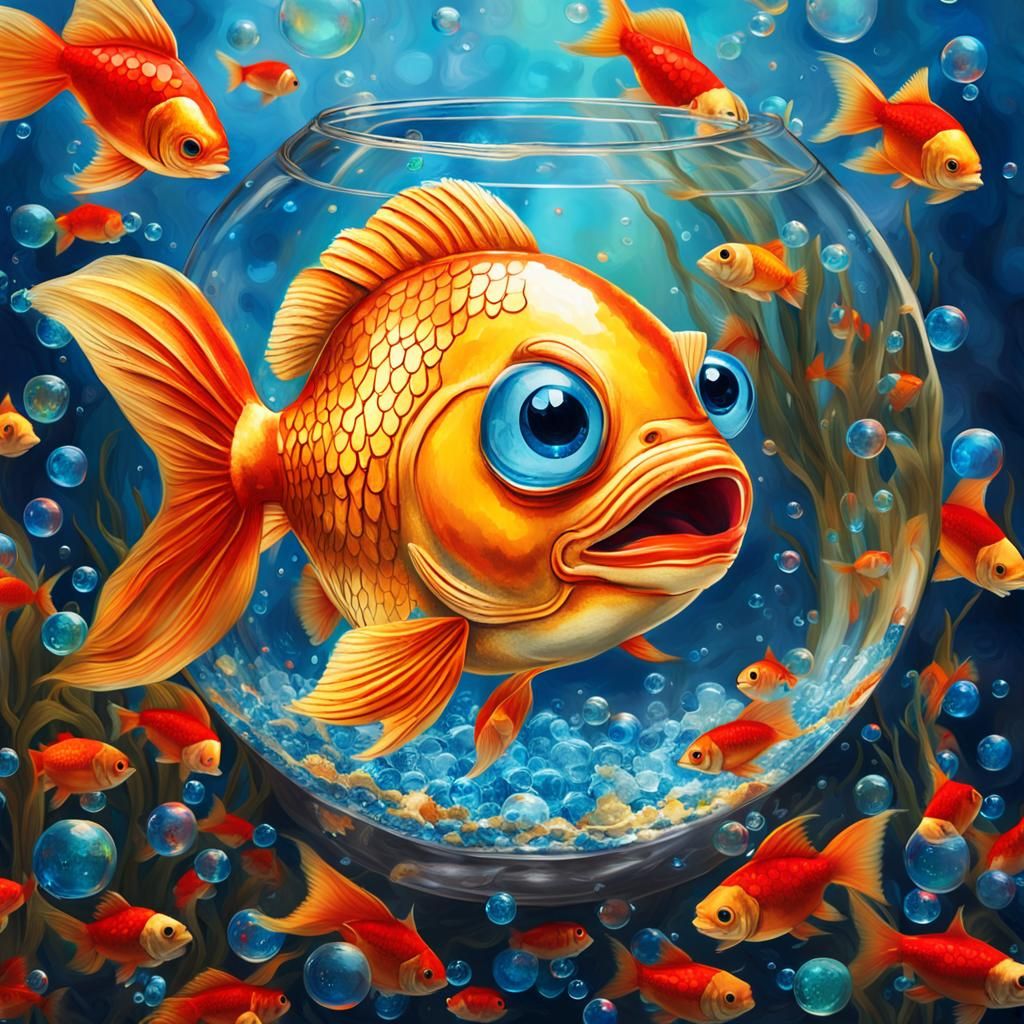 Surreal Goldfish with Human Features in Fishbowl