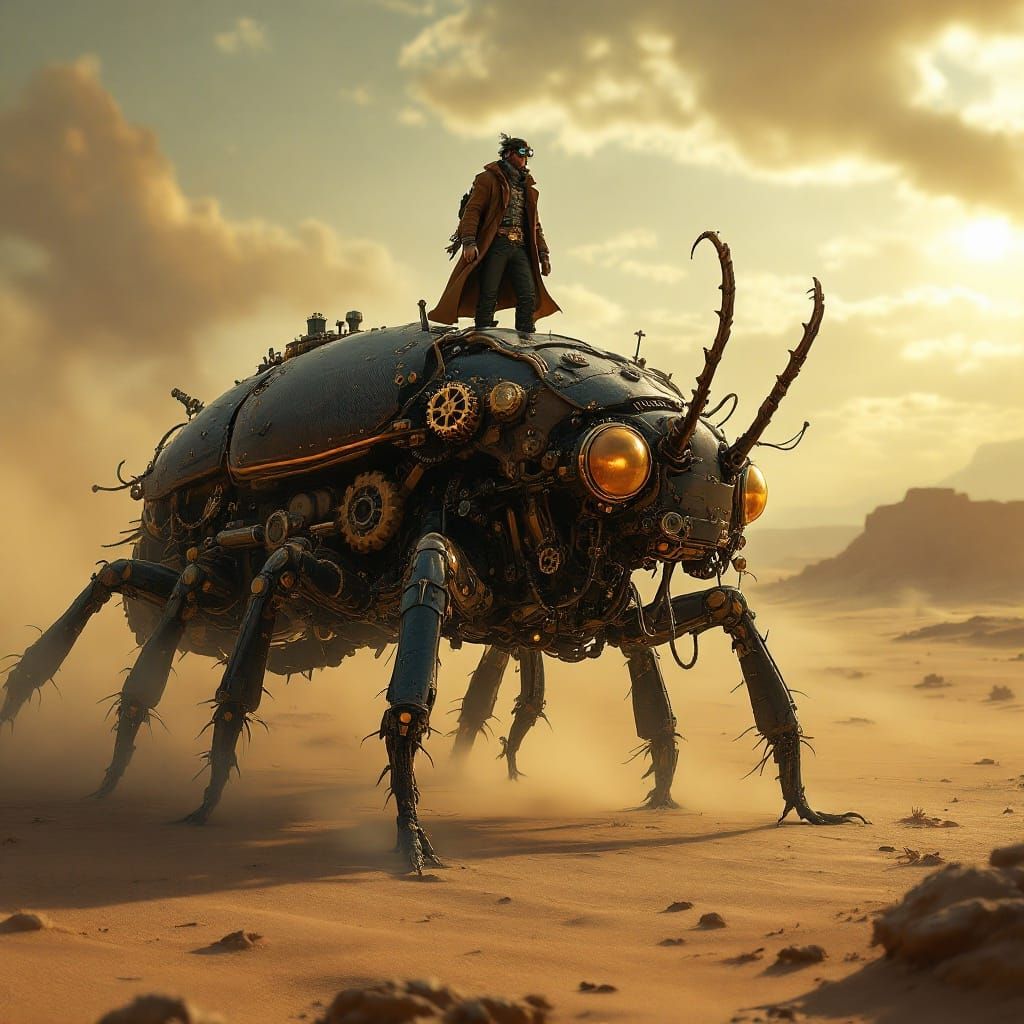 A Steampunk Explorer Rides a Mechanical Beetle Across a Dese...