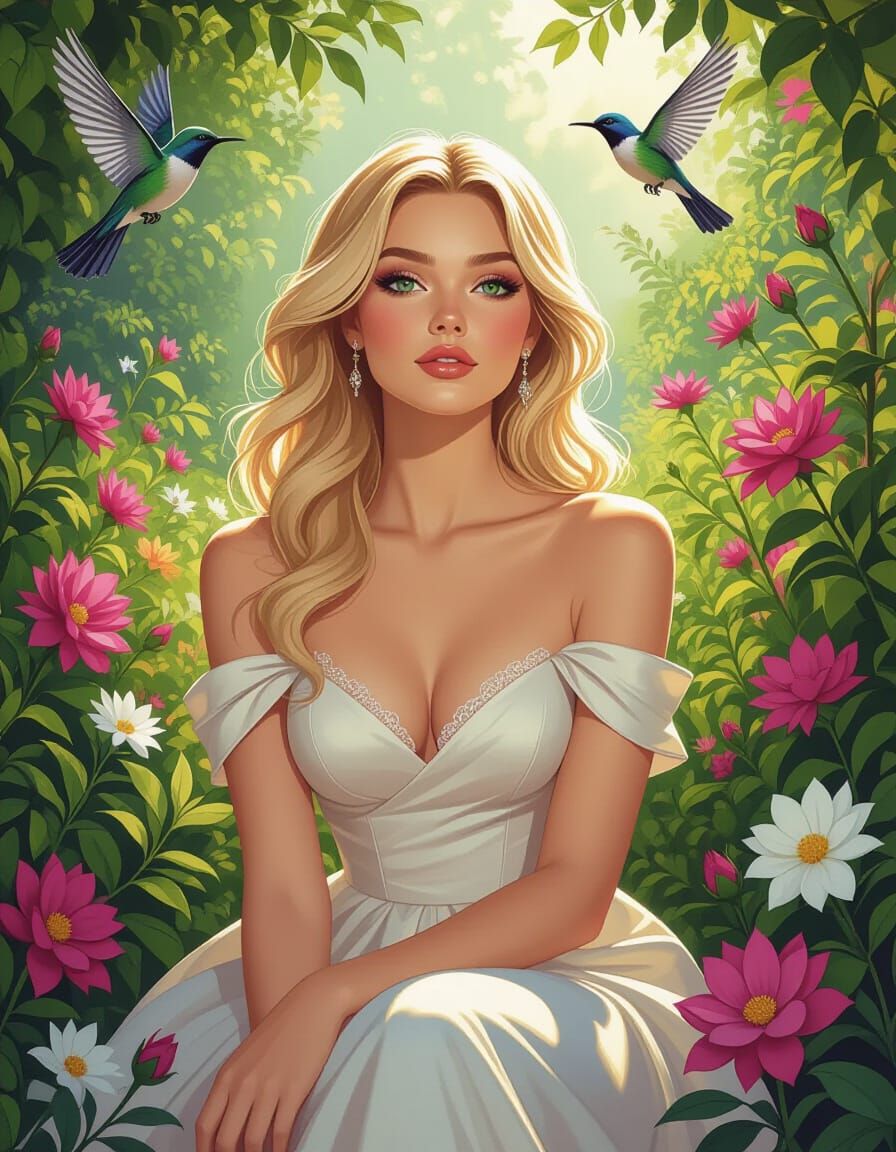 Blonde Woman in Lush Garden Watching Birds, Fantastic Realis...