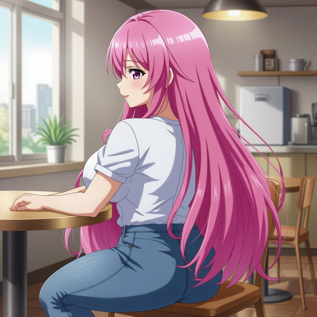 Romantic Anime Woman with Pink Hair at Table