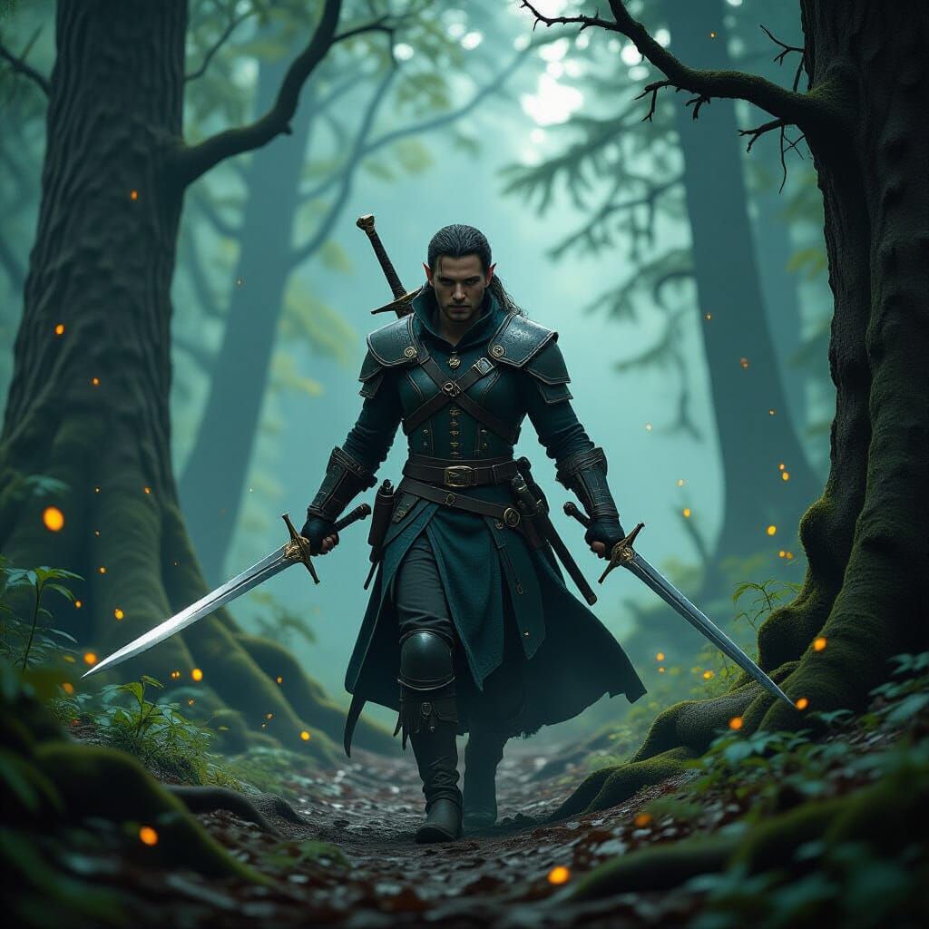 Half-Elf Rogue Navigates Treacherous Forest Path