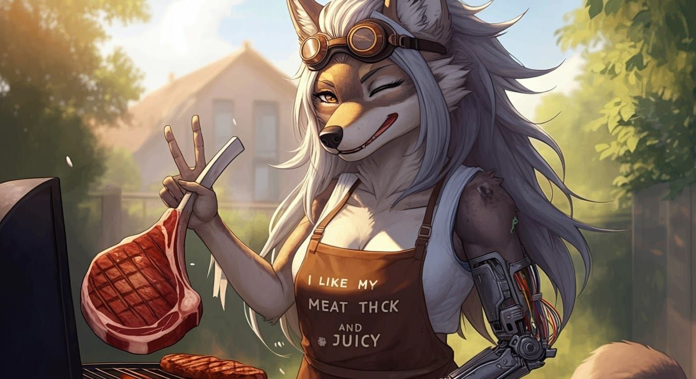 Jackal at BBQ in Hyperrealistic Anime Style
