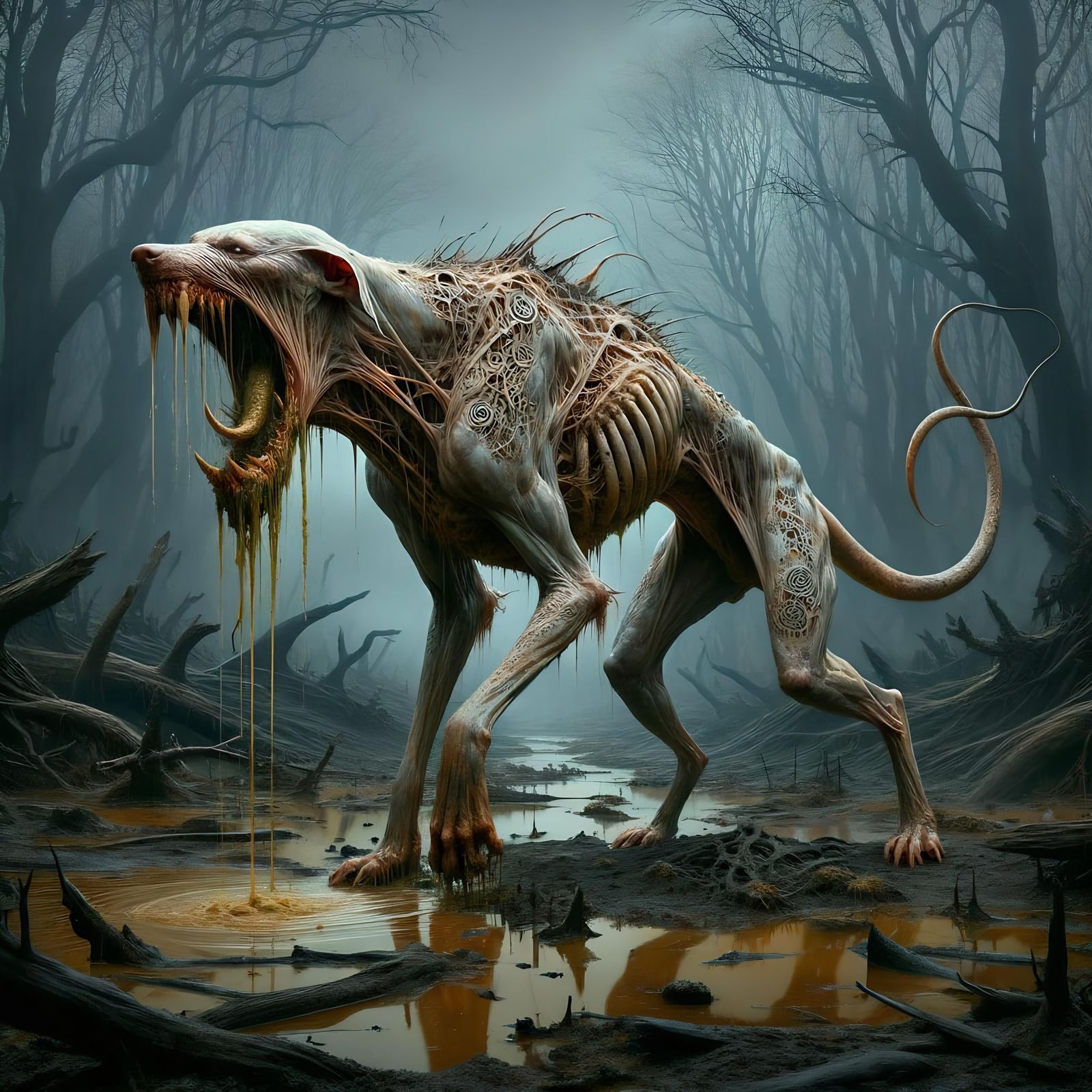 Fantasy Runehound in a Dark Marsh at Dusk