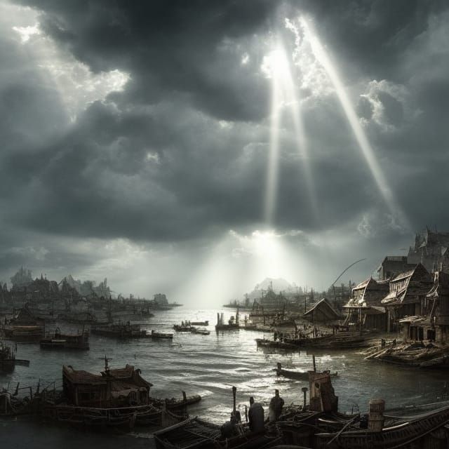 Dramatic Fishing Village Under Ominous Skies