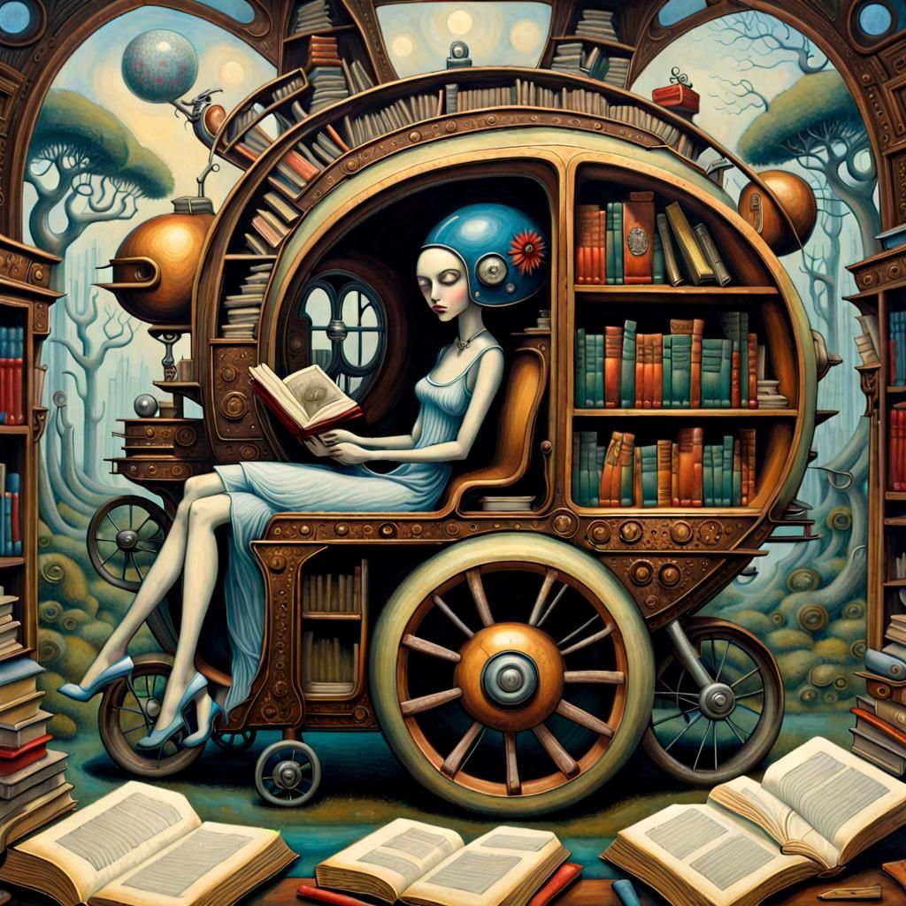 Retrofuturistic Book Contraption in Surrealist Style