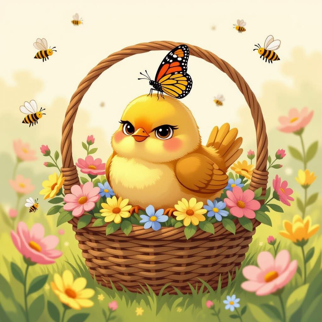Grumpy Chick Surrounded by Spring Flowers