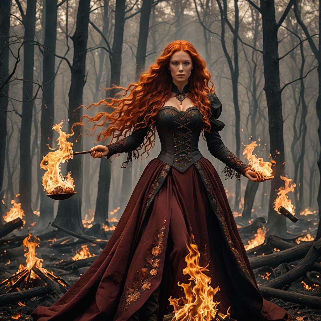 A powerful yet beautiful woman with elemental magic, holding and controlling fire in her hands, showcasing her mastery o...