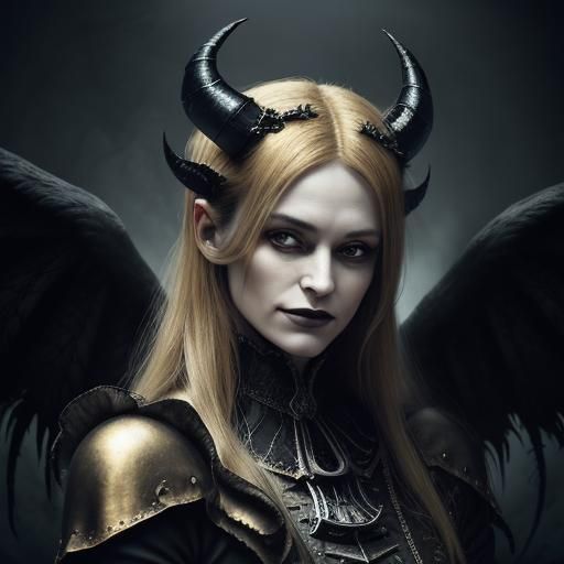 Demon mother beautiful. Devil horns wings,
Long blonde braid...