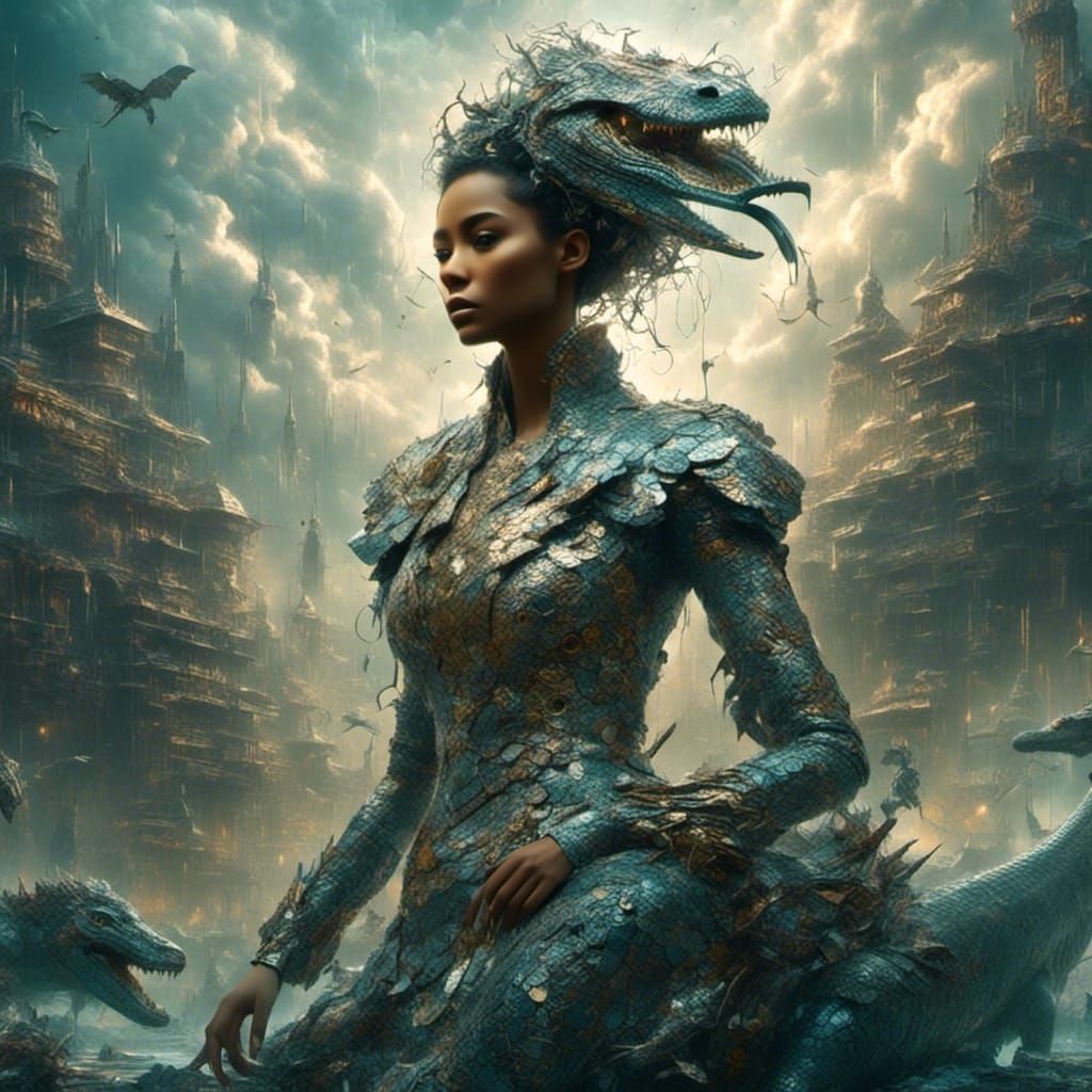 A cyberpunk woman in a billowy cloud dress