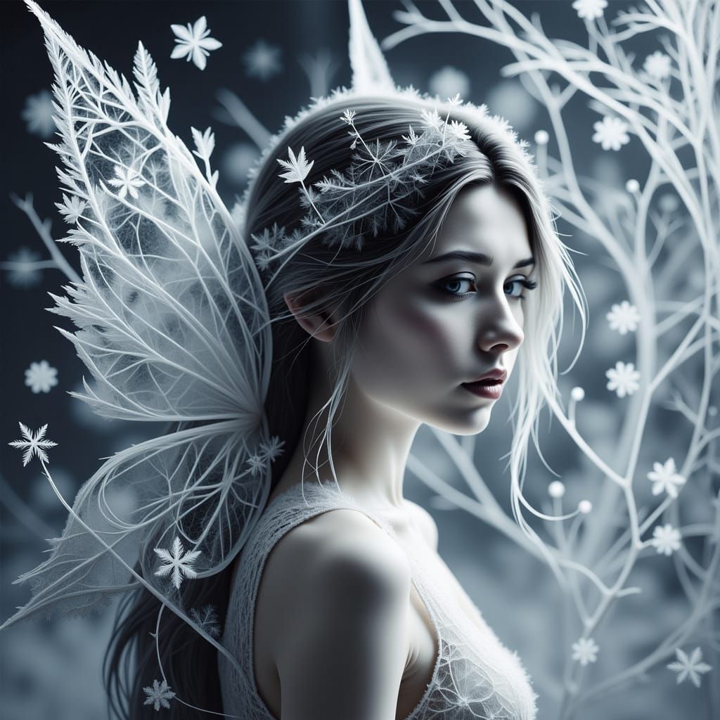 Ethereal Snow Fairy in Frosty Infrared Black and White